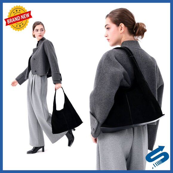 Oversized Genuine Suede Leather Hobo Shoulder Tote Bag with Detachable Clutch - Picture 7 of 7